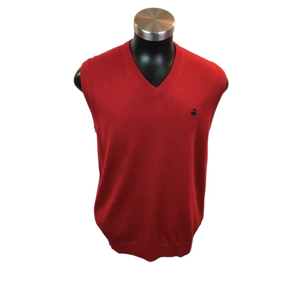 Brooks Brothers 346 Medium Mens Red Sleeveless Sweater Vest V-Neck 100% Merino W